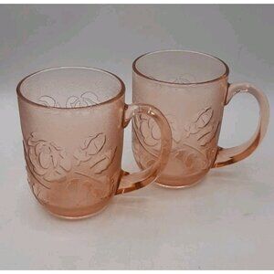 Set of 2 Vintage Arcoroc France Rosaline Pink Glass Rose Floral Coffee Cups Mugs